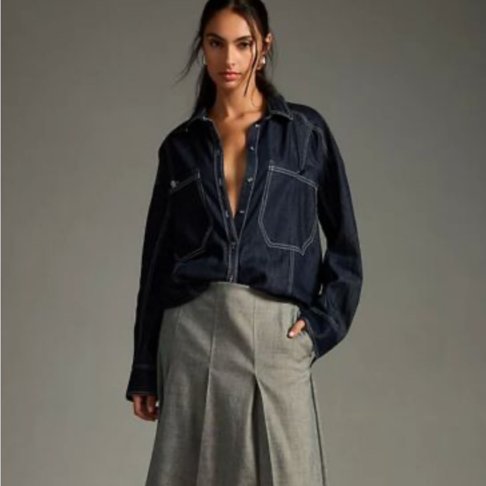 Anthropologie Dark Navy Button-Down Shirt with Contrast White Stitching - Picture 6 of 10